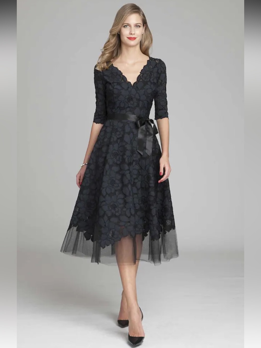 Teri Jon (?) Elegant Black Lace A-Line Dress SM/Med ? As is